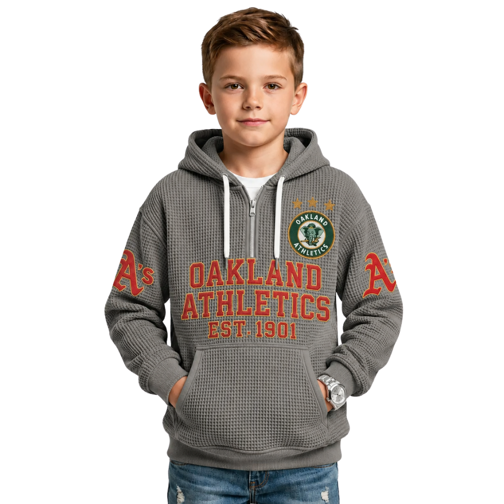 Oakland Athletics EST 1901 Printed Waffle Quarter Zip Baseball Fan Hoodie For Kids