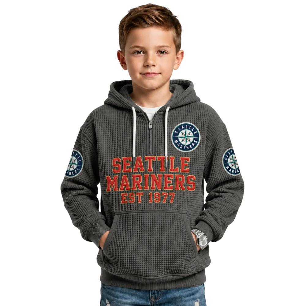 Seattle Mariners EST 1977 Printed Waffle Quarter Zip Baseball Fan Hoodie For Kids