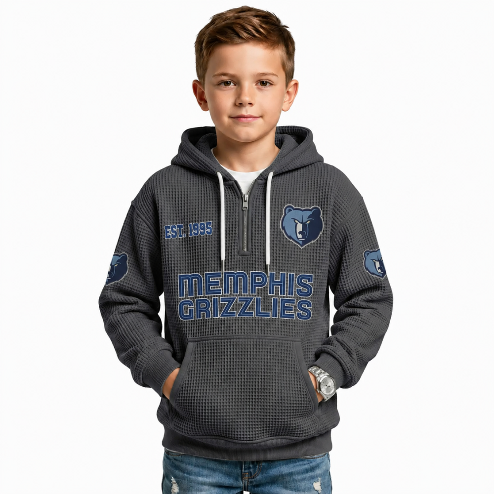 Memphis Grizzlies EST 1995 Printed Waffle Quarter Zip Basketball Fan Hoodie For Kids