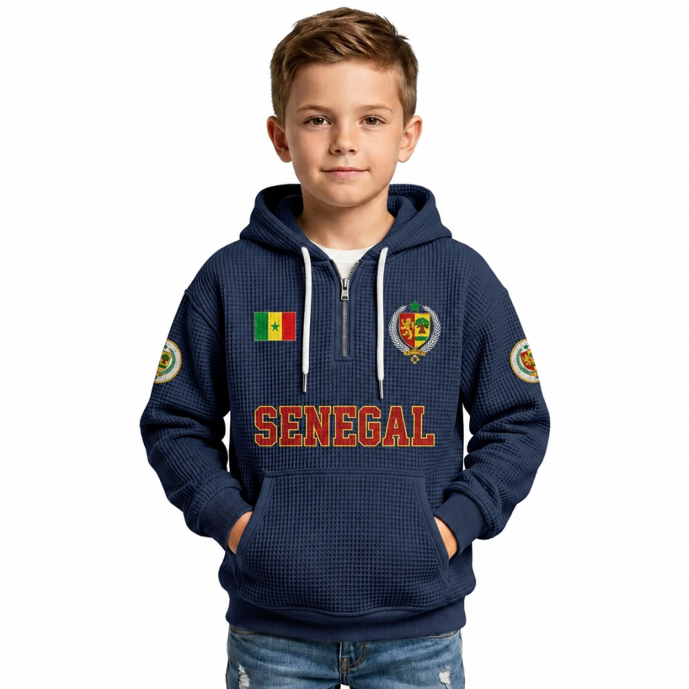 Senegal Printed Waffle Quarter Zip Football Fan Hoodie For Kids