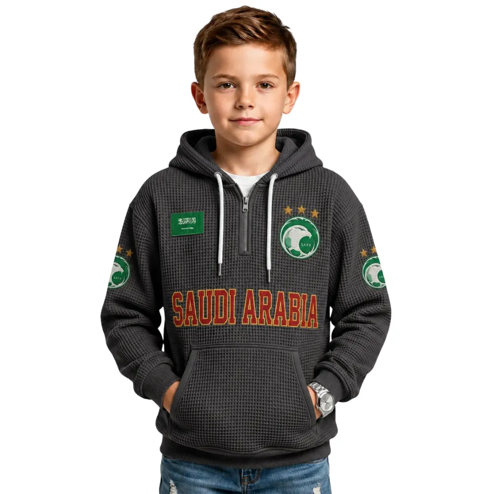 Saudi Arabia Printed Waffle Quarter Zip Football Fan Hoodie For Kids