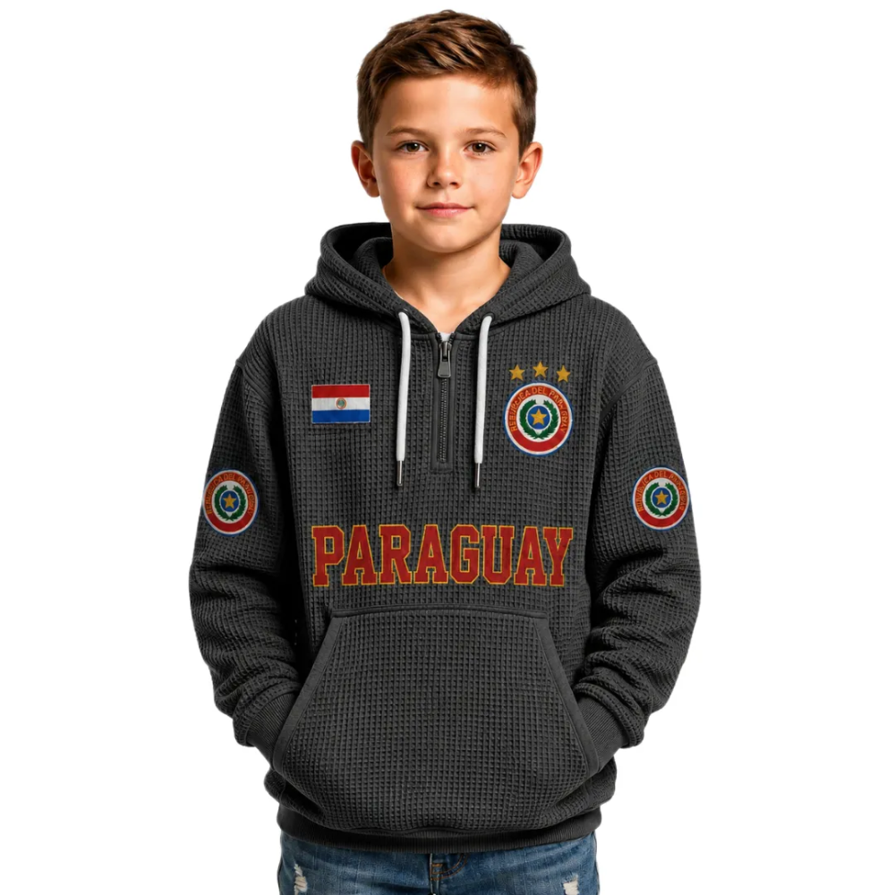 Paraguay Printed Waffle Quarter Zip Football Fan Hoodie For Kids