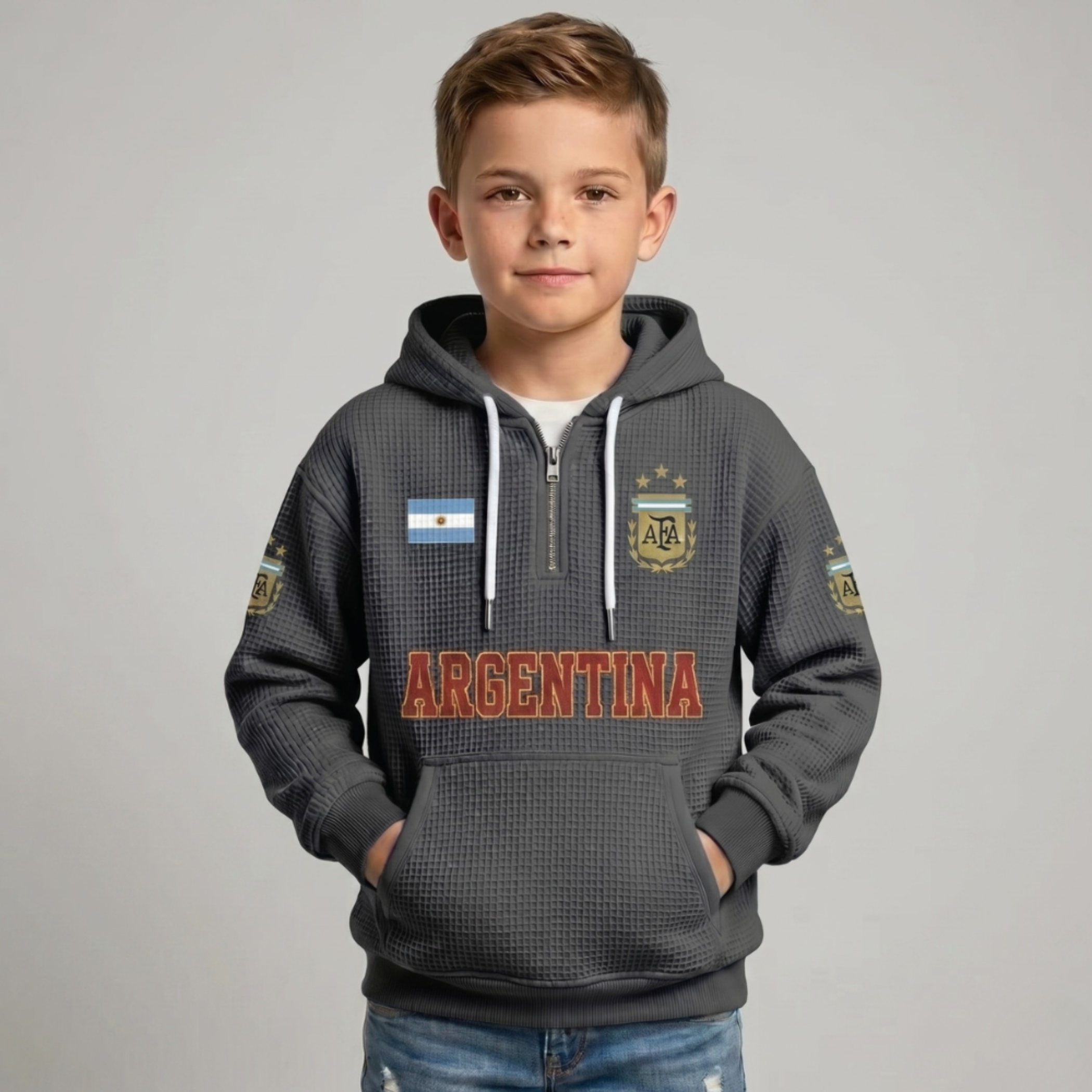 Argentina Printed Waffle Quarter Zip Football Fan Hoodie For Kids
