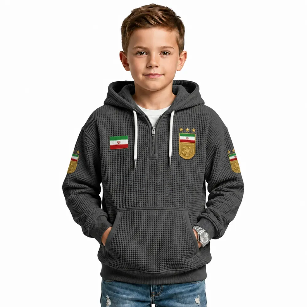 Iran Printed Waffle Quarter Zip Football Fan Hoodie For Kids