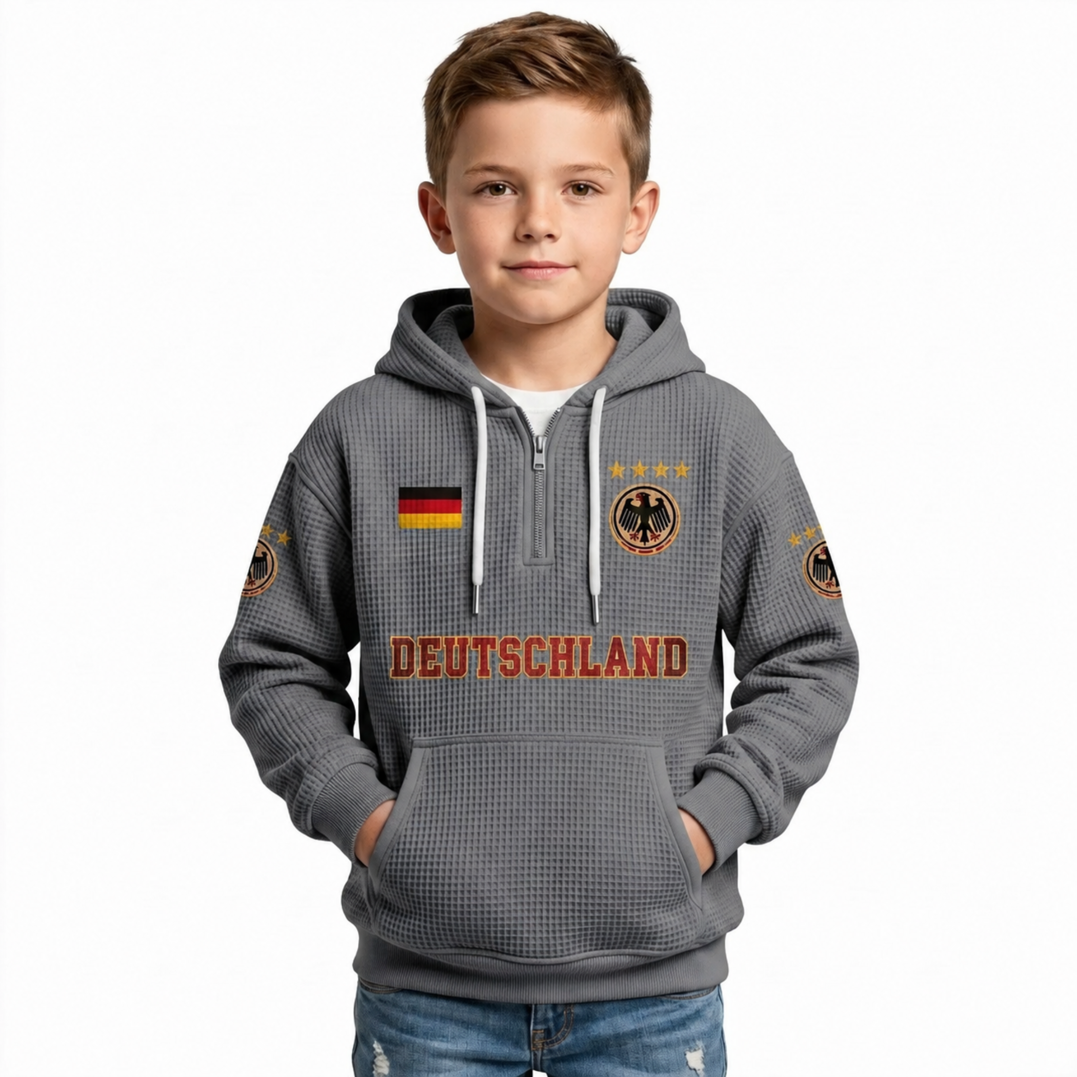 Germany Printed Waffle Quarter Zip Football Fan Hoodie For Kids