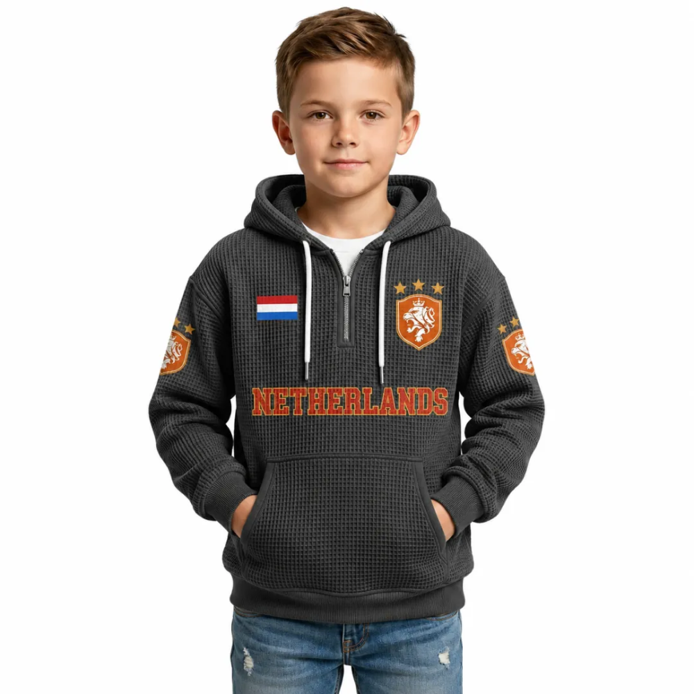 Netherlands Printed Waffle Quarter Zip Football Fan Hoodie For Kids