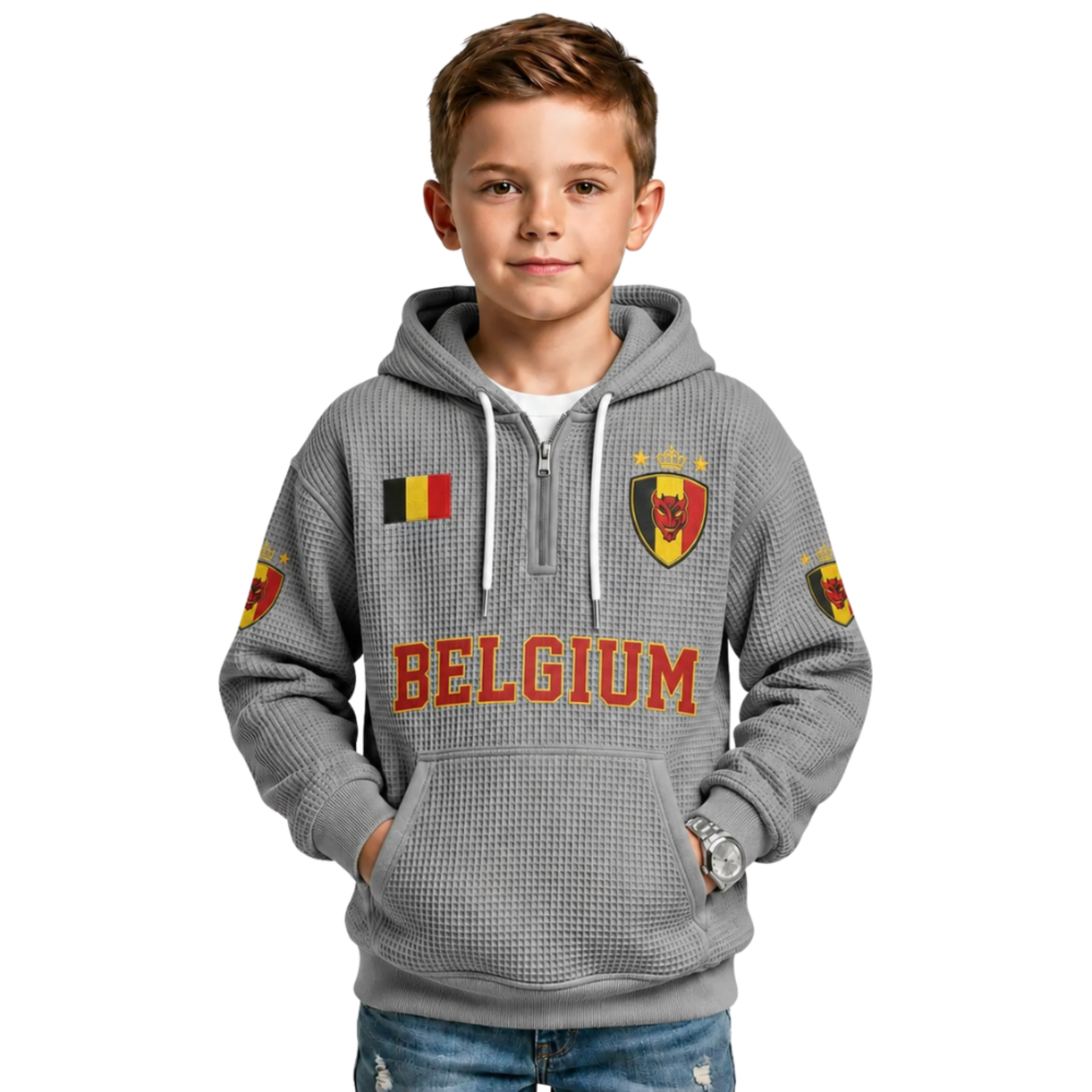 Belgium Printed Waffle Quarter Zip Football Fan Hoodie For Kids