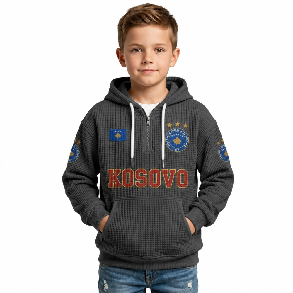 Kosovo Printed Waffle Quarter Zip Football Fan Hoodie For Kids
