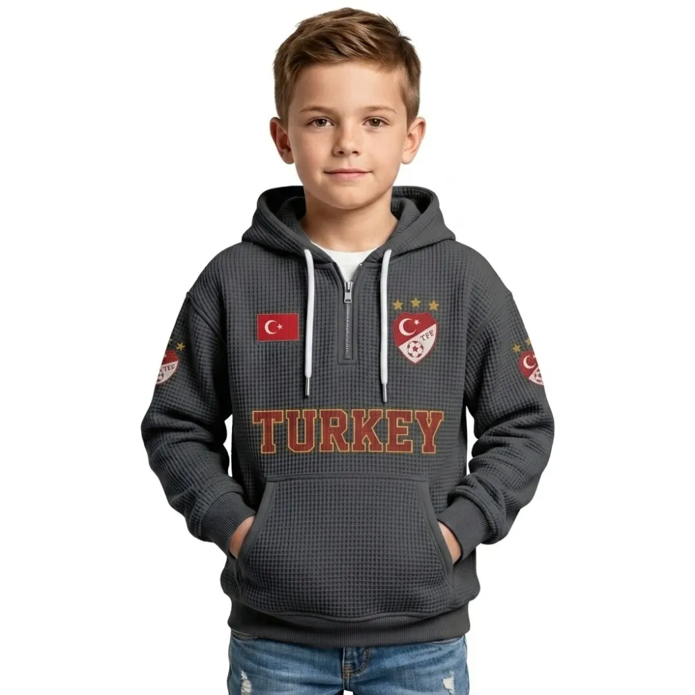 Turkey Printed Waffle Quarter Zip Football Fan Hoodie For Kids