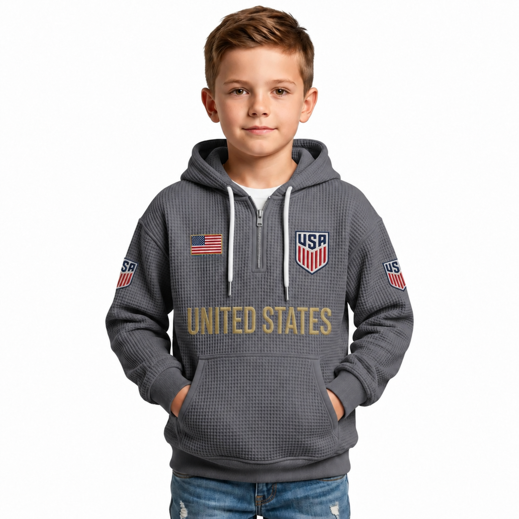 United States Printed Waffle Quarter Zip Football Fan Hoodie For Kids