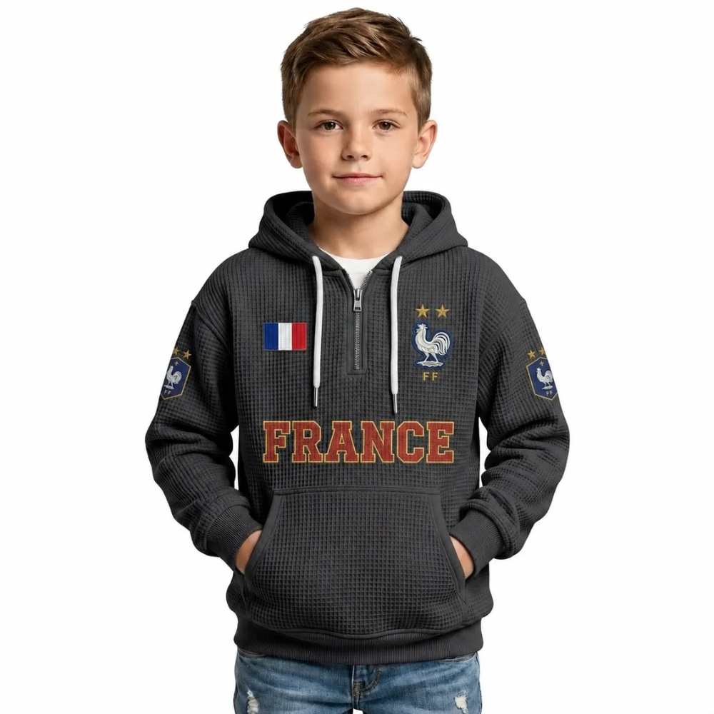 France Printed Waffle Quarter Zip Football Fan Hoodie For Kids