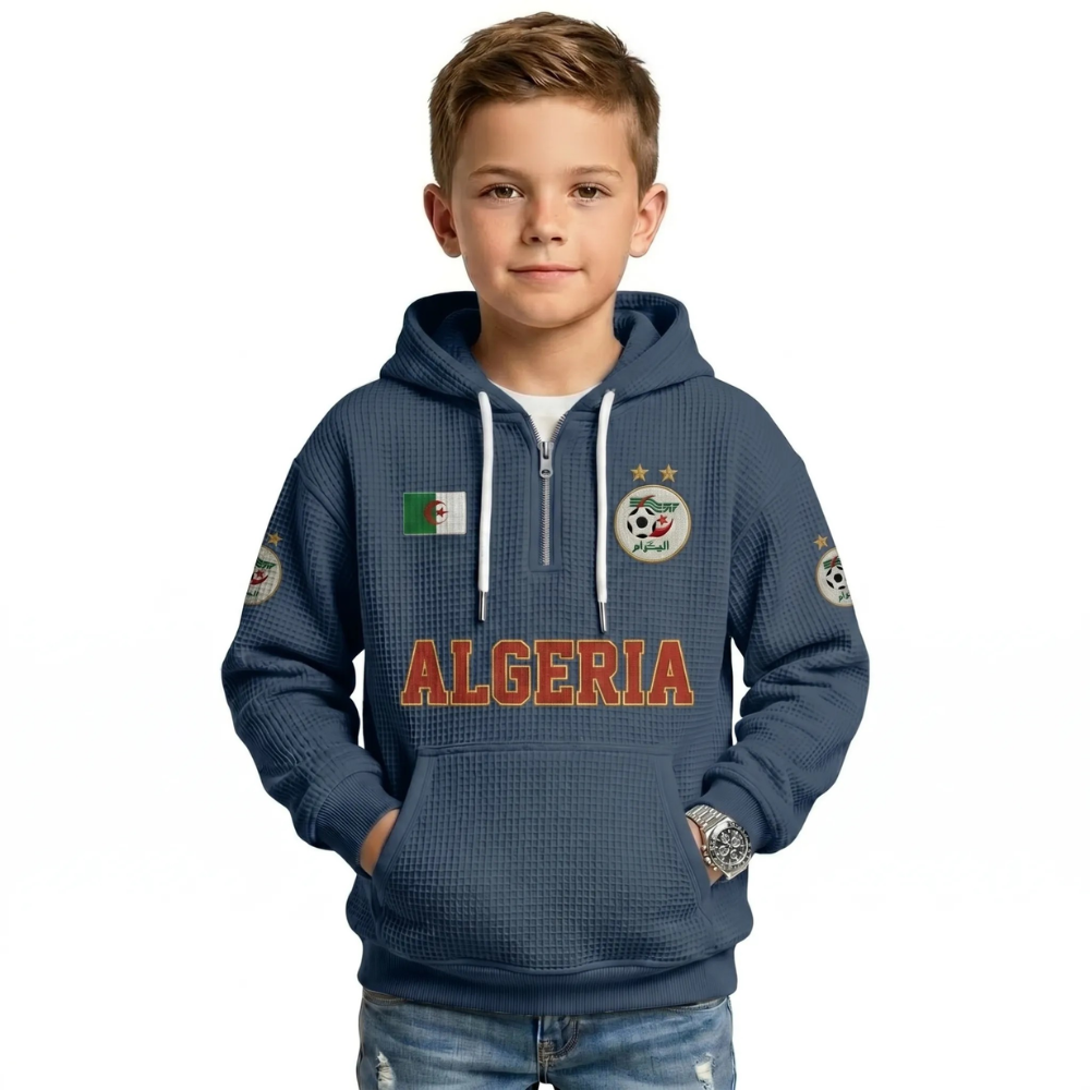 Algeria Printed Waffle Quarter Zip Football Fan Hoodie For Kids