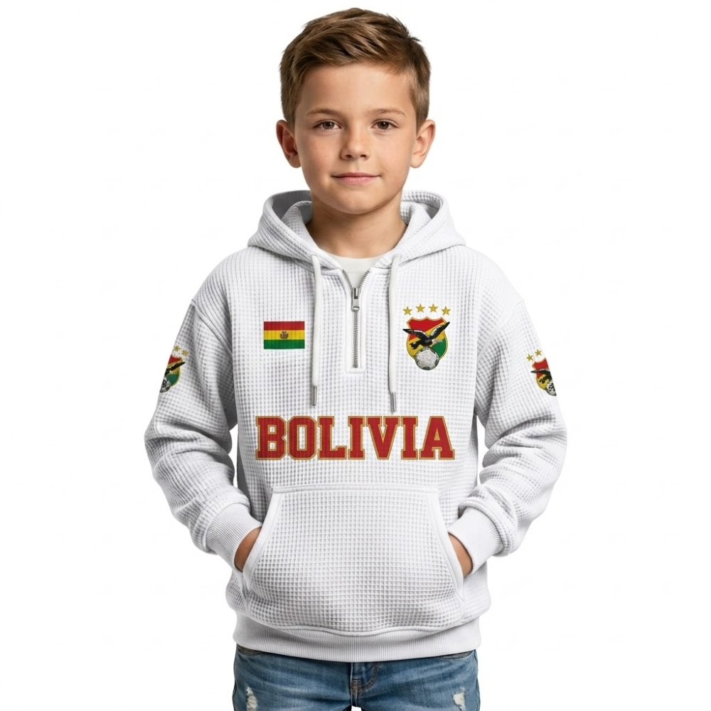 Bolivia Printed Waffle Quarter Zip Football Fan Hoodie For Kids