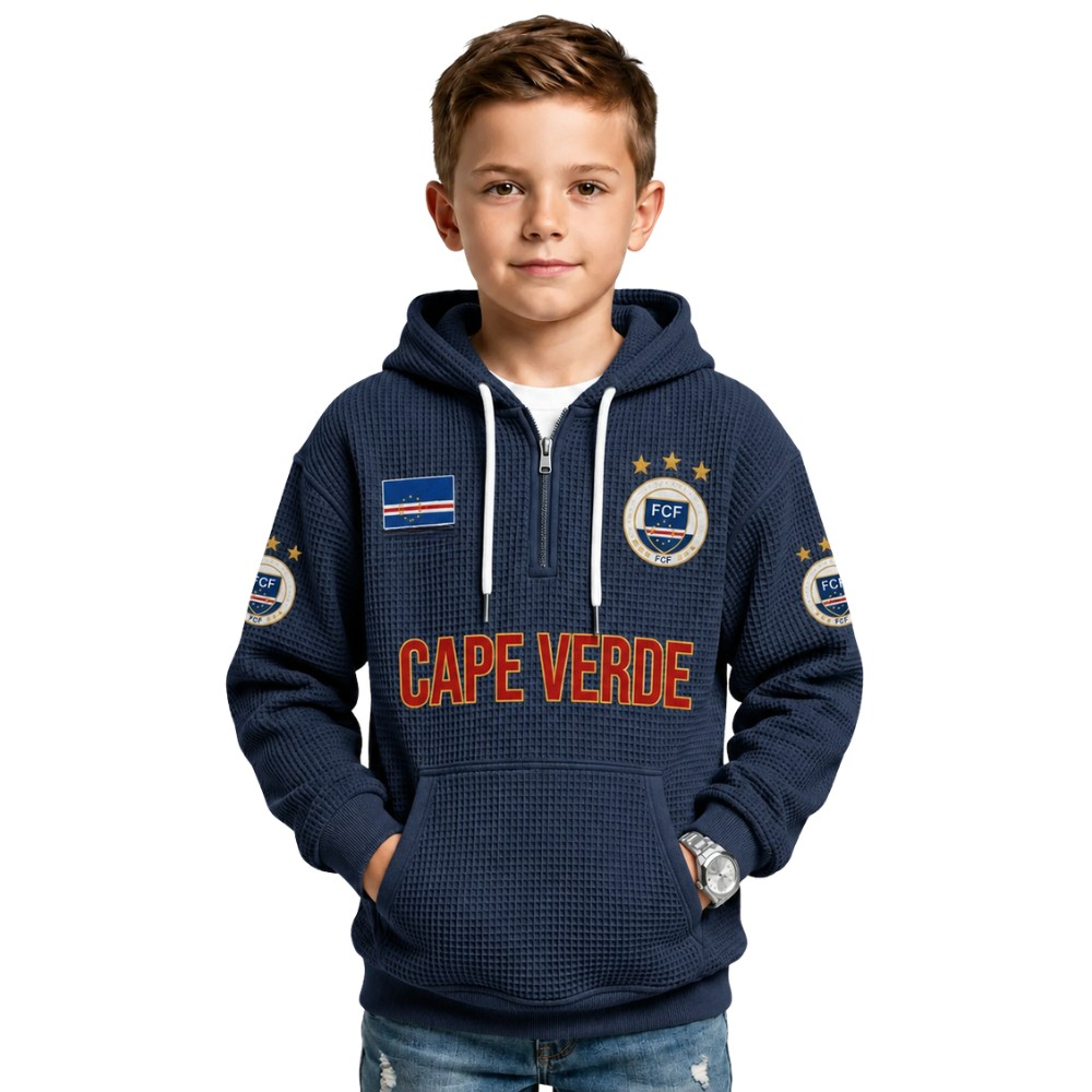 Cape Verde Printed Waffle Quarter Zip Football Fan Hoodie For Kids