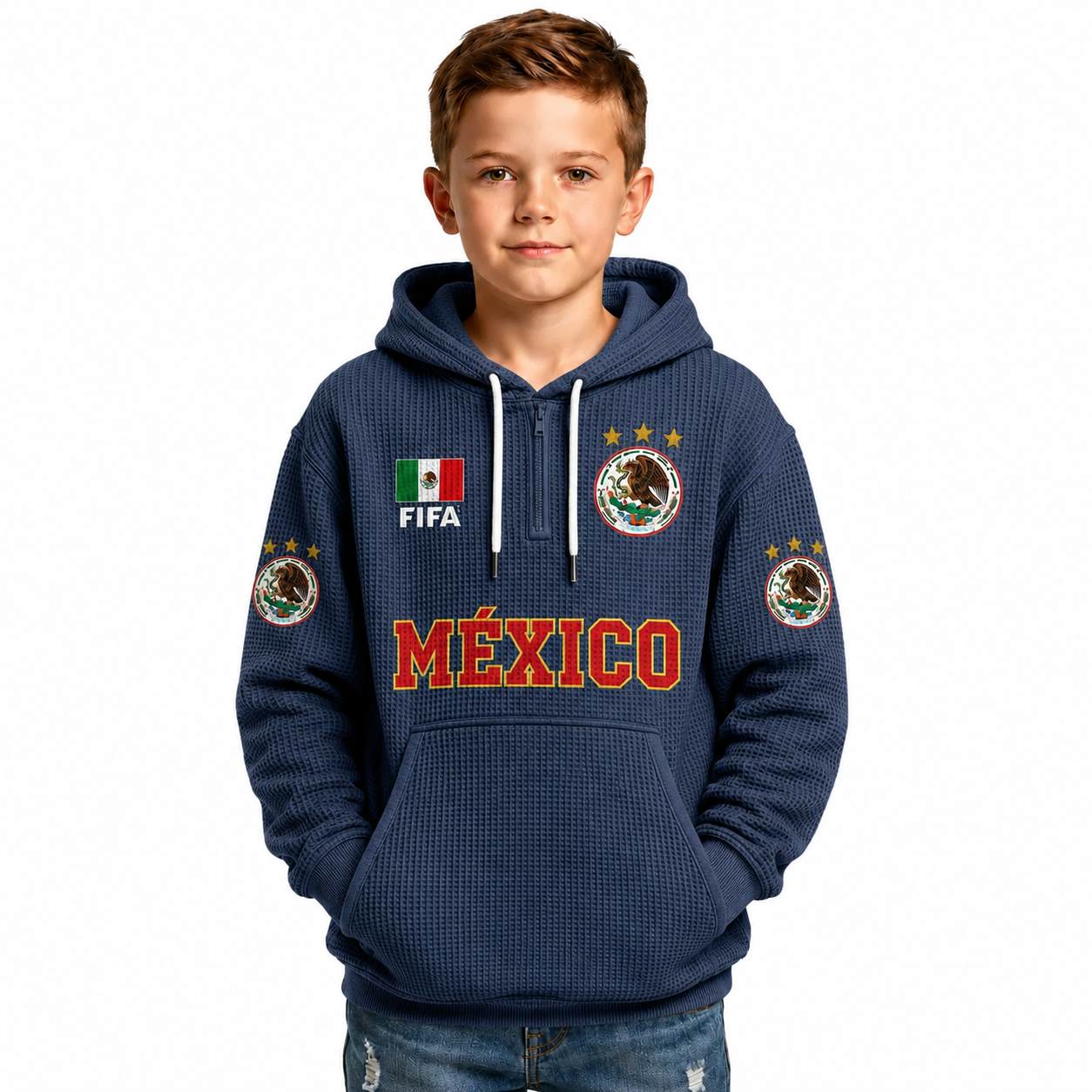 FIFA 2026 Mexico Printed Waffle Quarter Zip Football Fan Hoodie For Kids