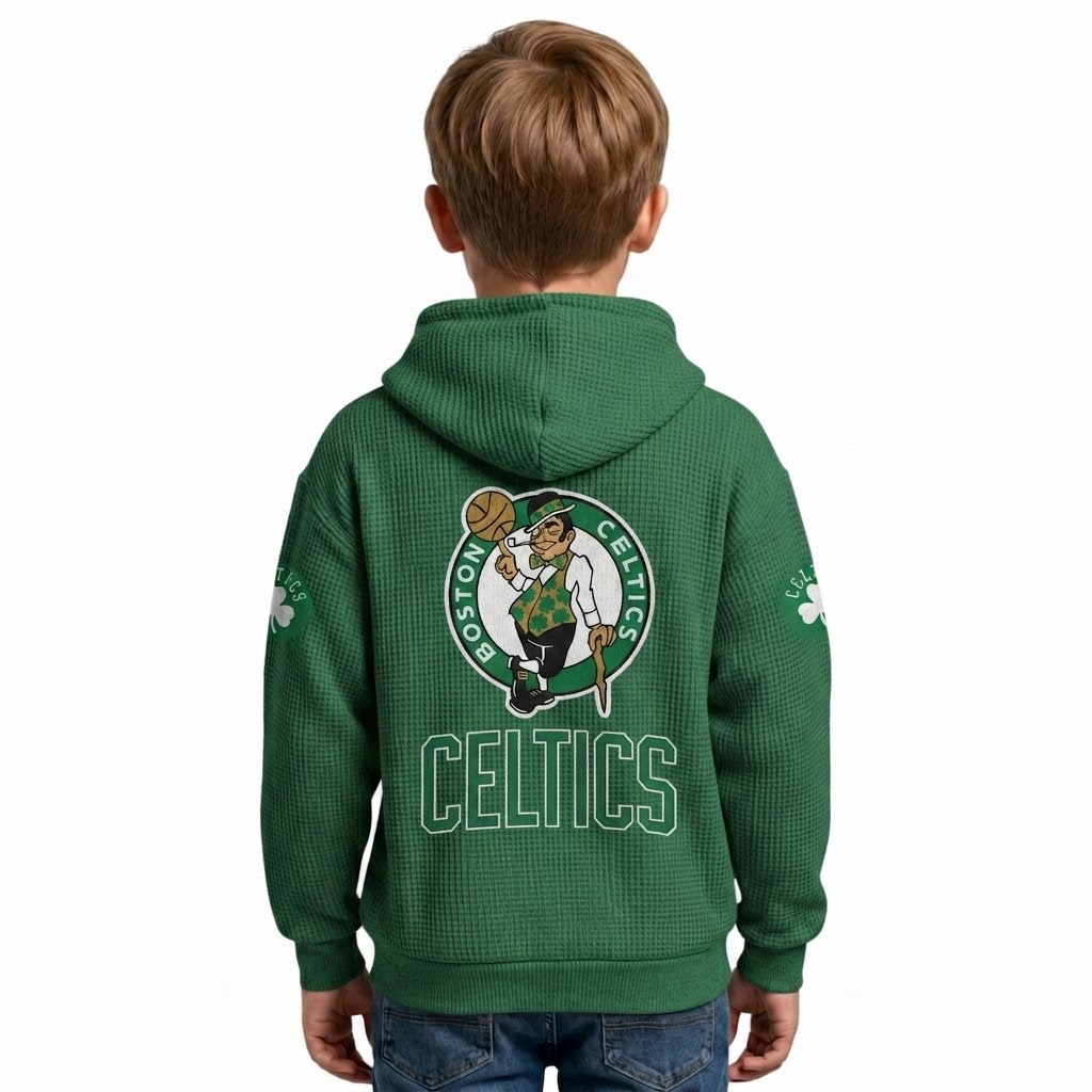 Boston Celtics EST 1946 Printed Waffle Quarter Zip Basketball Fan Hoodie For Kids