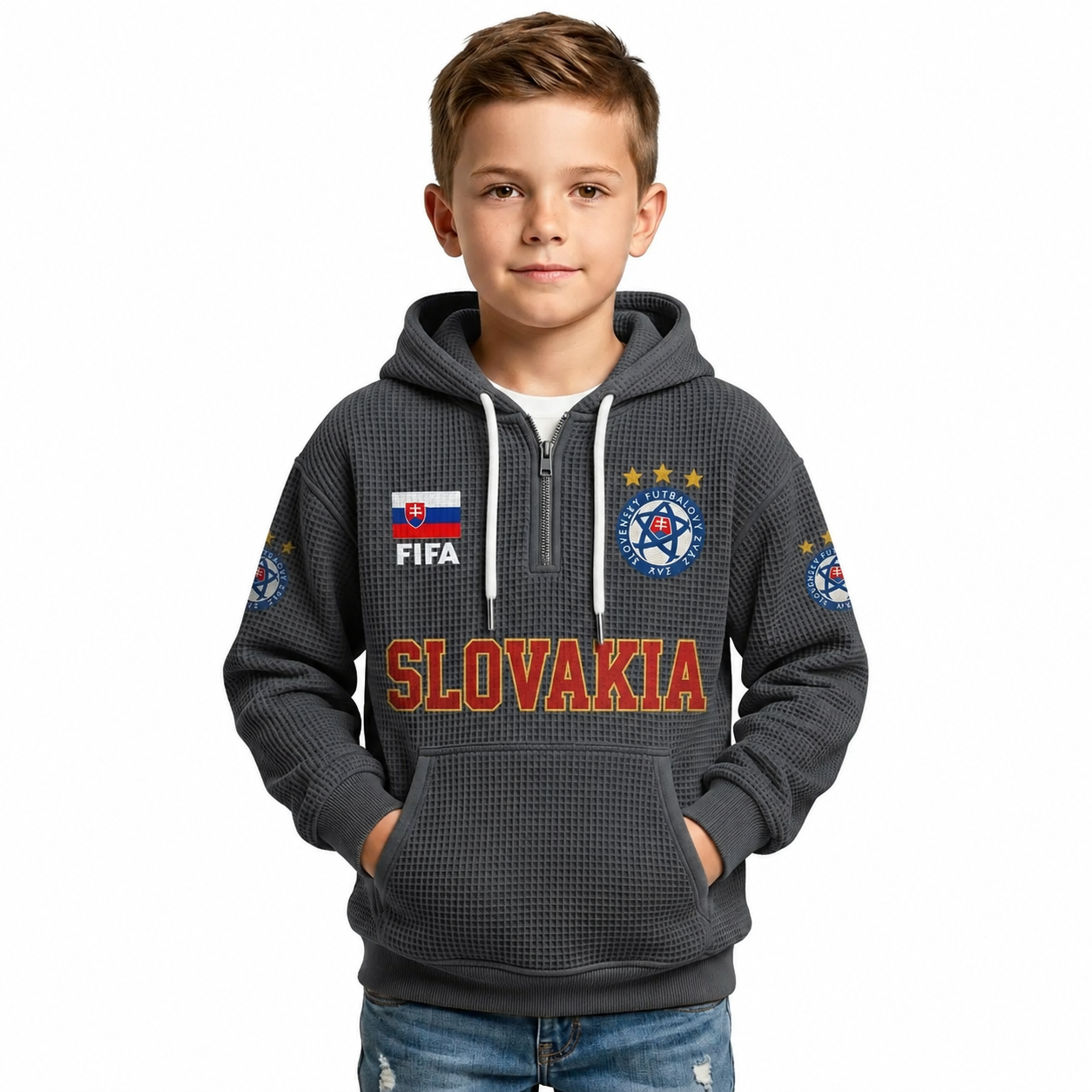 FIFA 2026 Slovakia Printed Waffle Quarter Zip Football Fan Hoodie For Kids