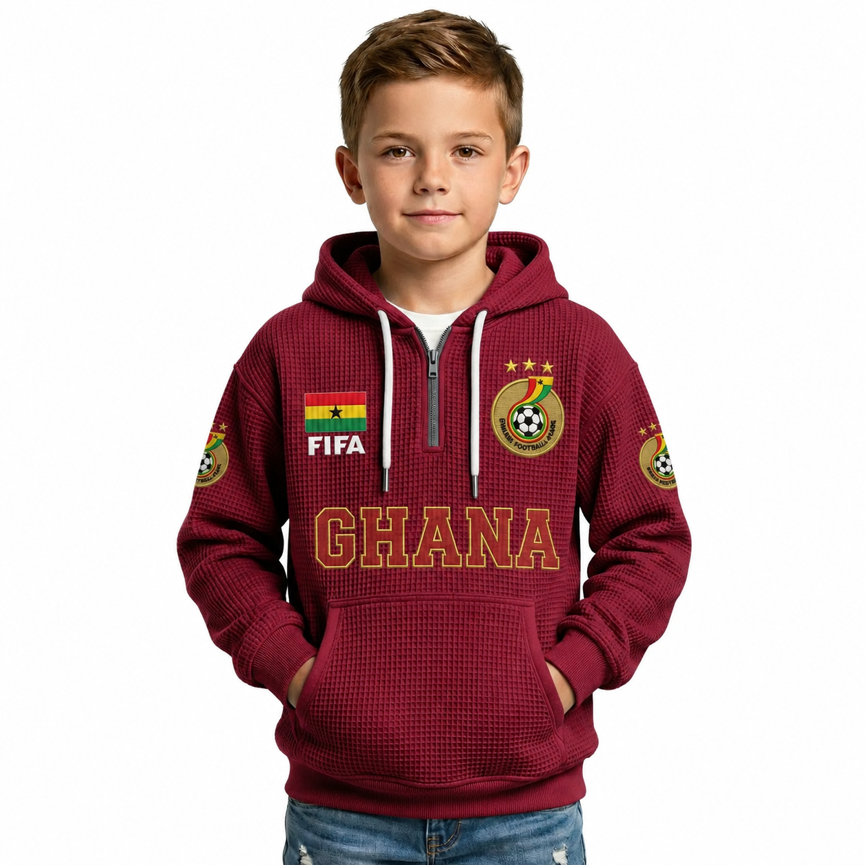 FIFA 2026 Ghana Printed Waffle Quarter Zip Football Fan Hoodie For Kids