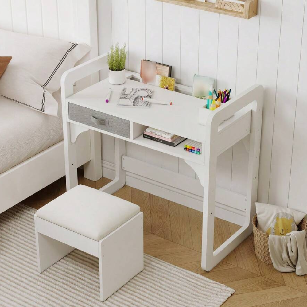 Kids Study Desk And Chair Set With Storage Drawer Soft Stool