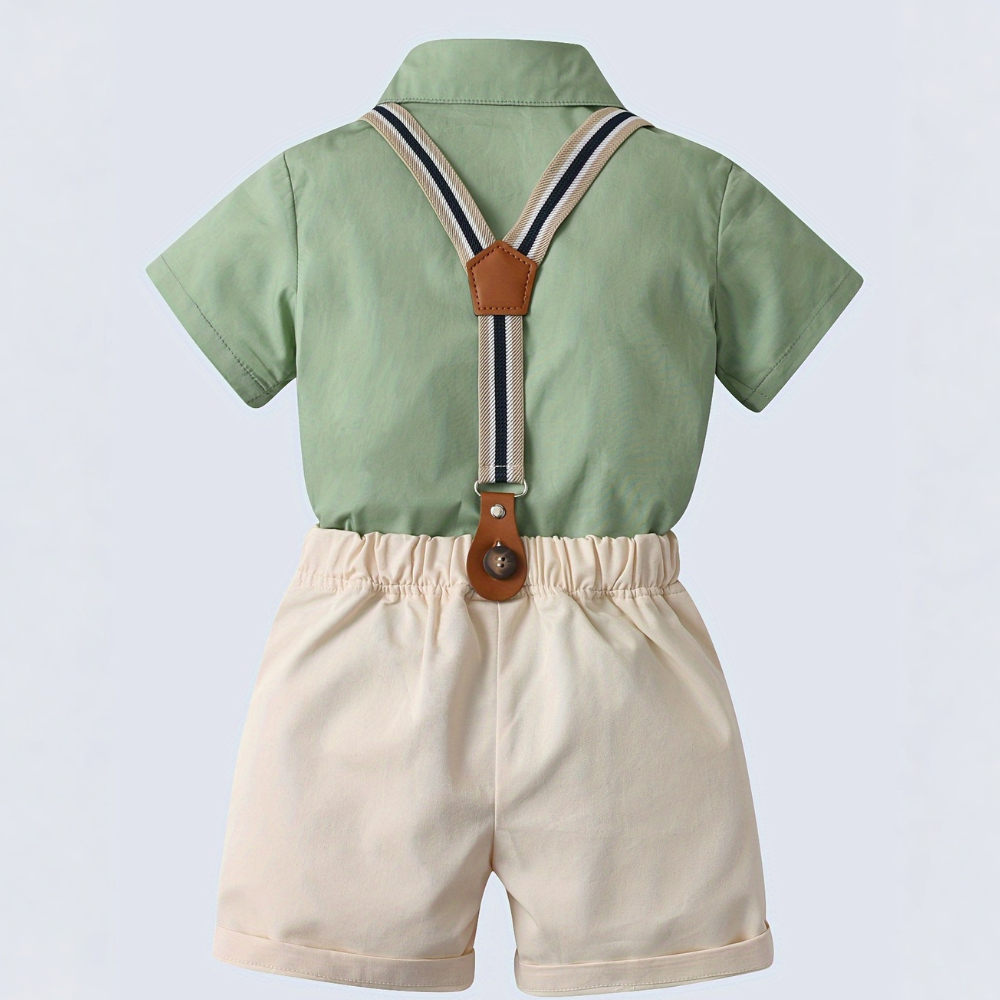 Classic Two Piece Outfit With Shirt Bow Tie And Suspenders Shorts
