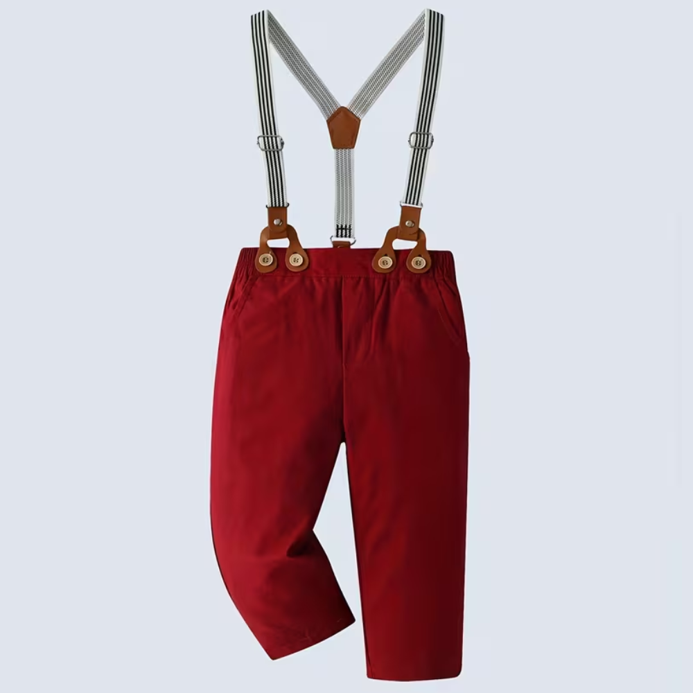 2 Piece Of Gentleman Outfit With Bow Tie Shirt And Suspender Pants Set For Boys