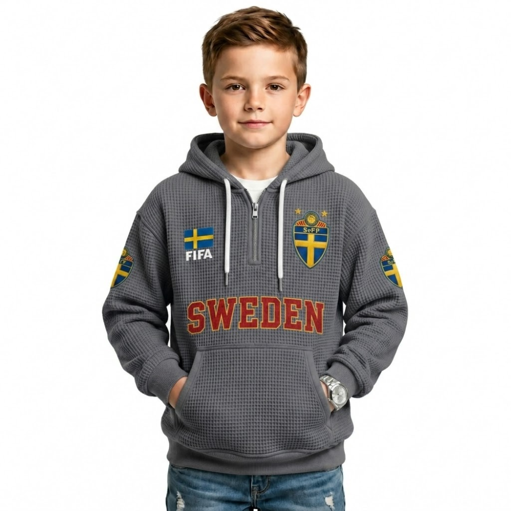 FIFA 2026 Sweden Printed Waffle Quarter Zip Football Fan Hoodie For Kids