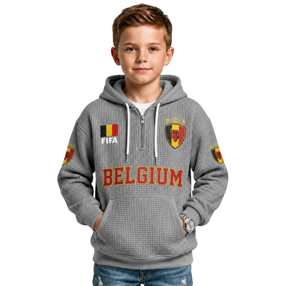 FIFA 2026 Belgium Printed Waffle Quarter Zip Football Fan Hoodie For Kids