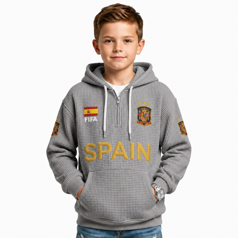 FIFA 2026 Spain Printed Waffle Quarter Zip Football Fan Hoodie For Kids