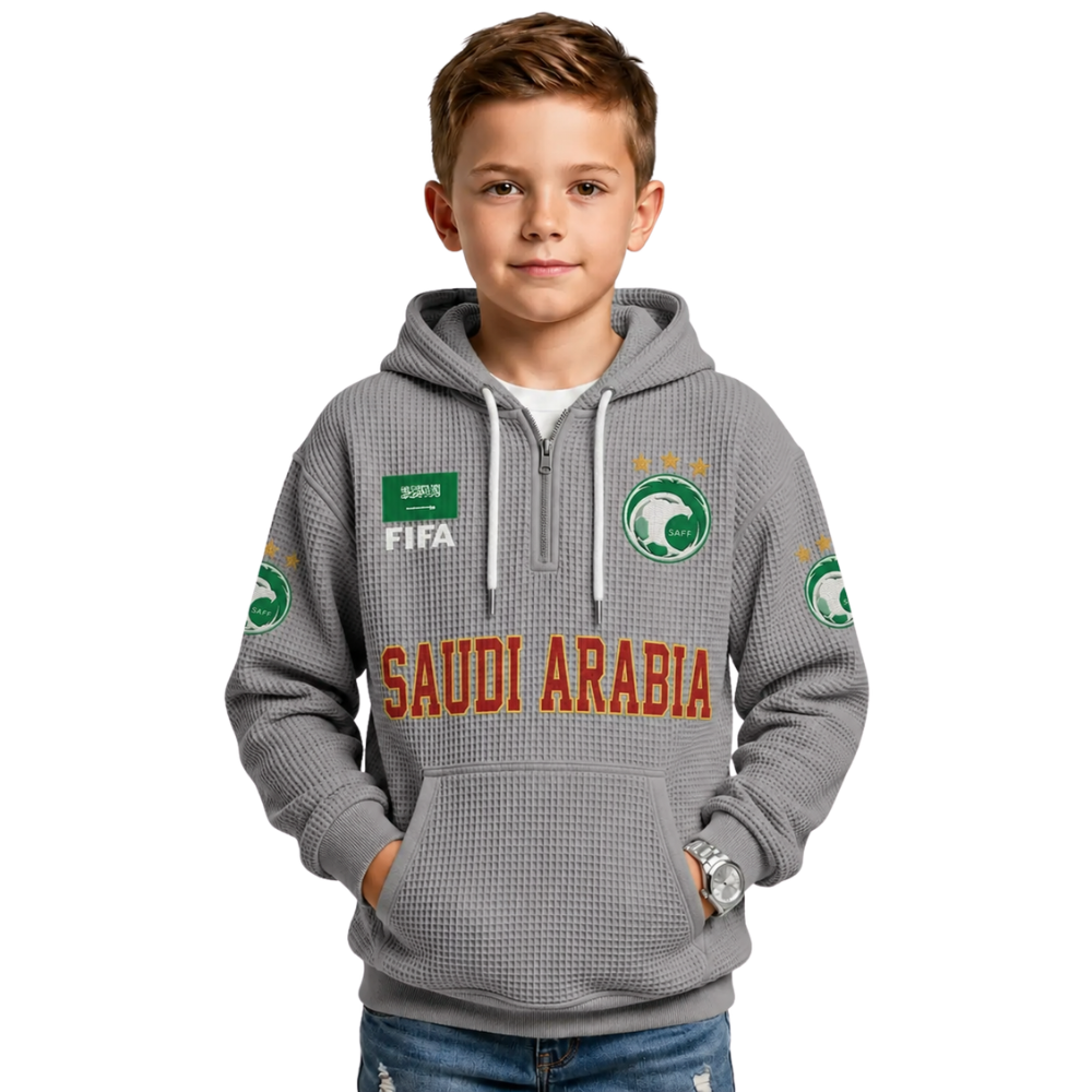 FIFA 2026 Saudi Arabia Printed Waffle Quarter Zip Football Fan Hoodie For Kids