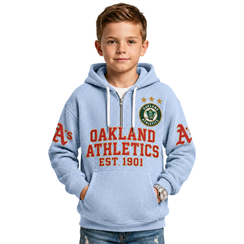 Oakland Athletics EST 1901 Printed Waffle Quarter Zip Baseball Fan Hoodie For Kids