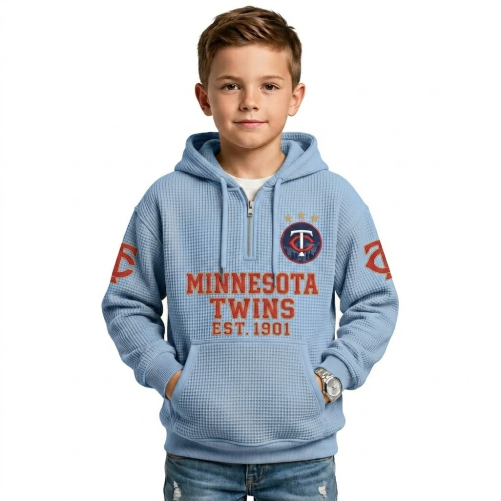 Minnesota Twins EST 1901 Printed Waffle Quarter Zip Baseball Fan Hoodie For Kids