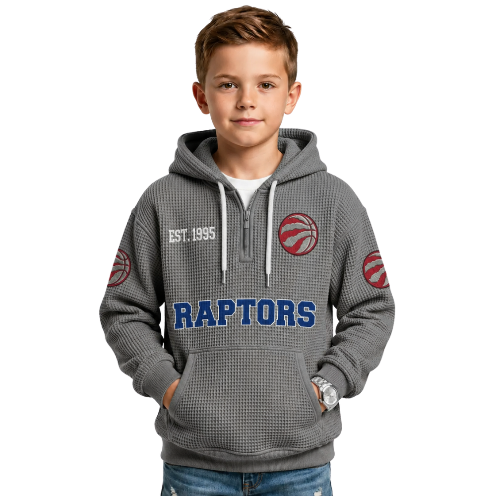 Toronto Raptors EST 1995 Printed Waffle Quarter Zip Basketball Fan Hoodie For Kids