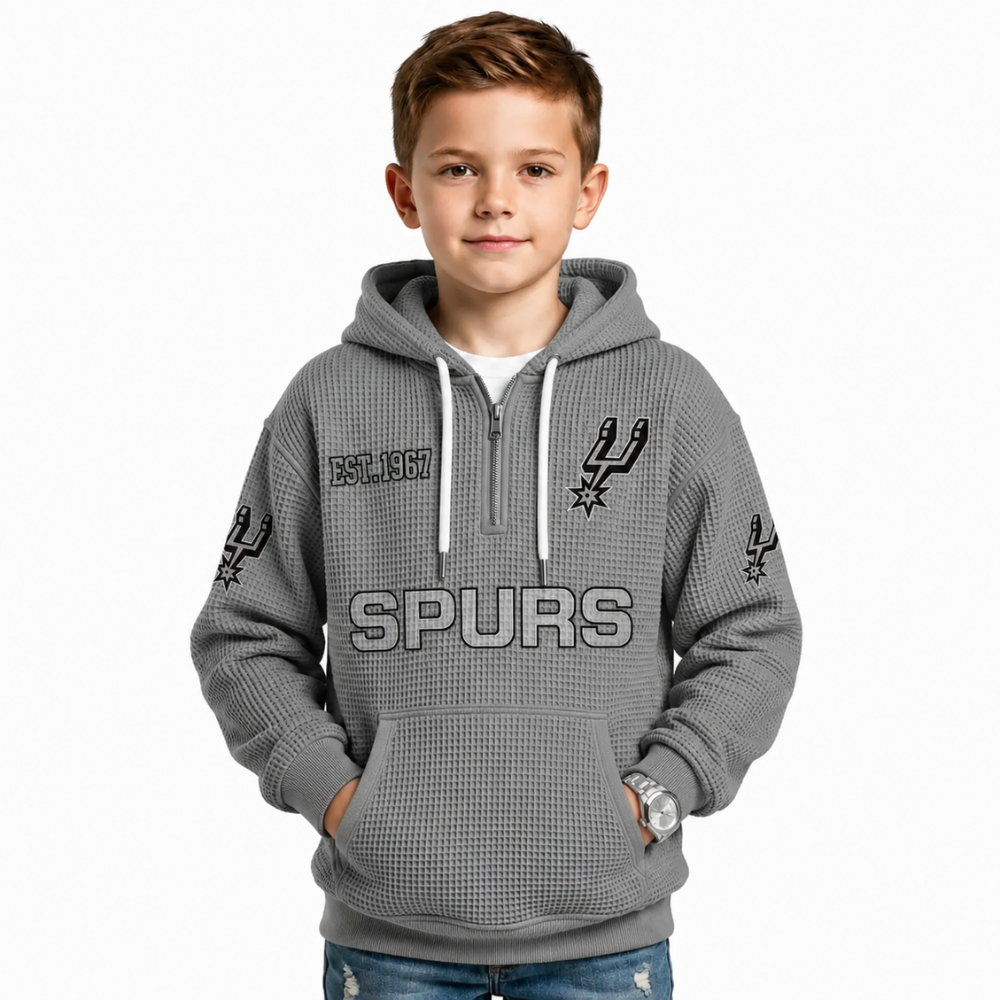 San Antonio Spurs EST 1967 Printed Waffle Quarter Zip Basketball Fan Hoodie For Kids