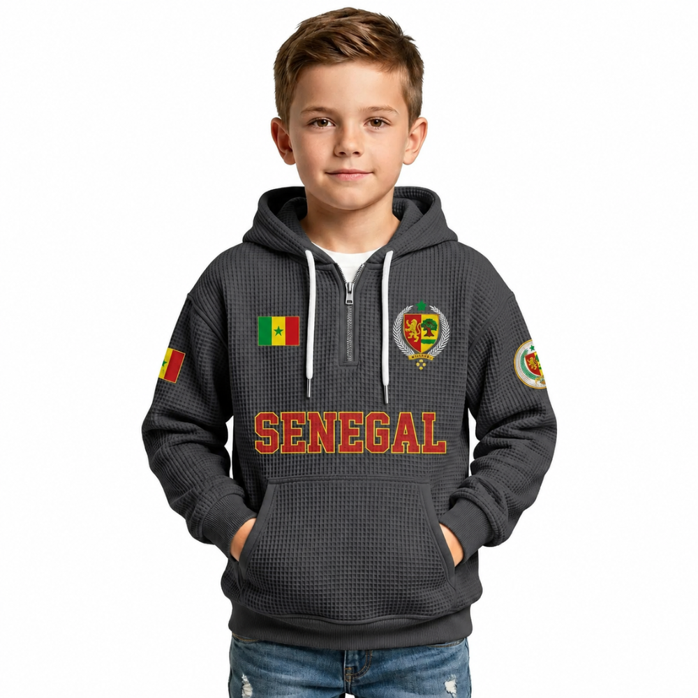 Senegal Printed Waffle Quarter Zip Football Fan Hoodie For Kids