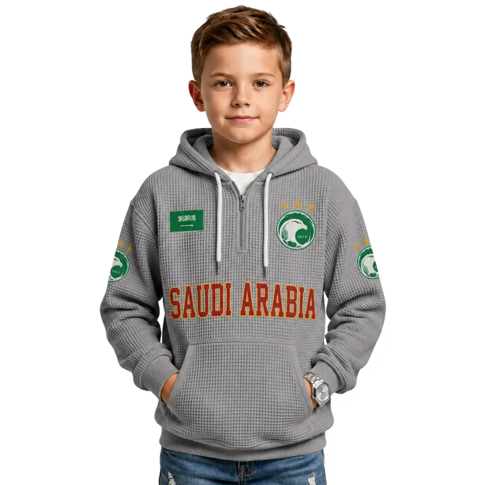 Saudi Arabia Printed Waffle Quarter Zip Football Fan Hoodie For Kids