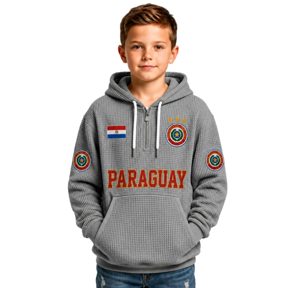 Paraguay Printed Waffle Quarter Zip Football Fan Hoodie For Kids