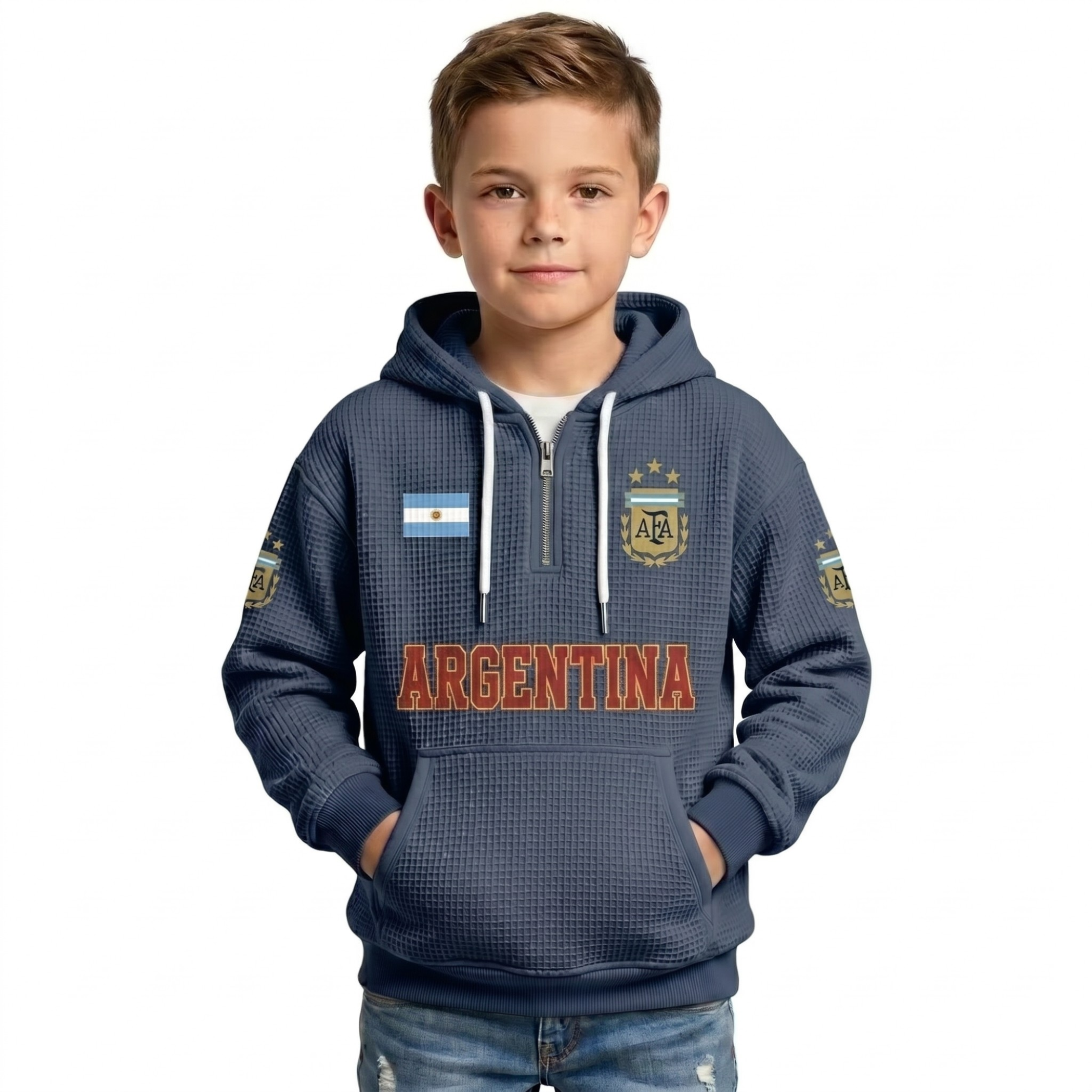 Argentina Printed Waffle Quarter Zip Football Fan Hoodie For Kids