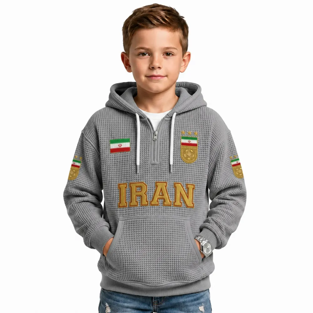 Iran Printed Waffle Quarter Zip Football Fan Hoodie For Kids