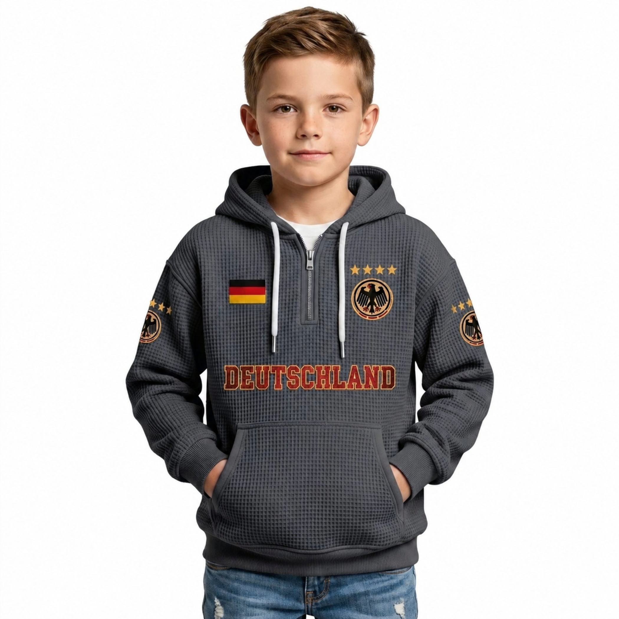 Germany Printed Waffle Quarter Zip Football Fan Hoodie For Kids