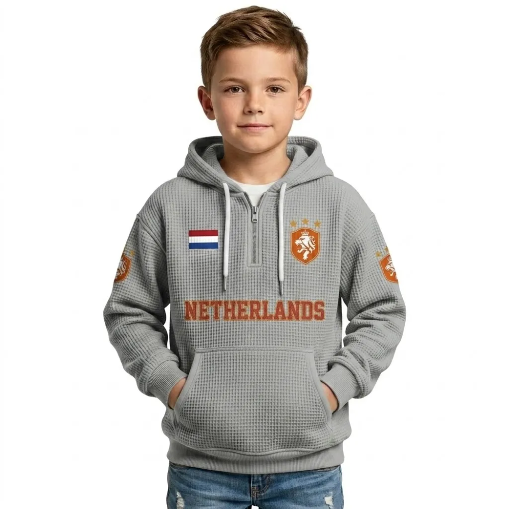 Netherlands Printed Waffle Quarter Zip Football Fan Hoodie For Kids