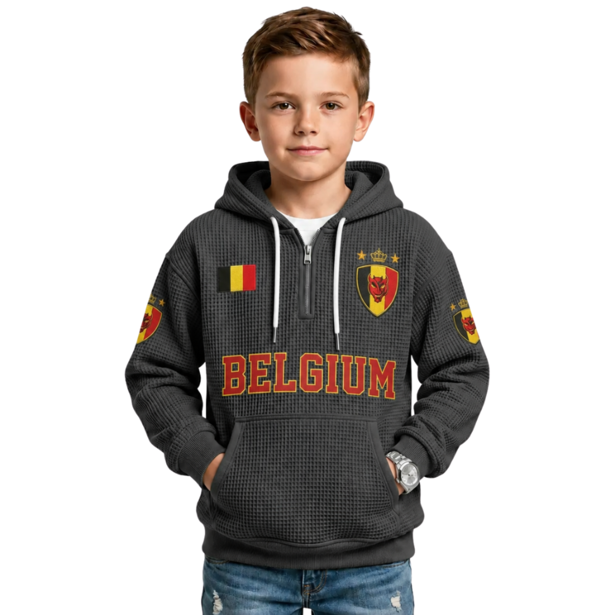 Belgium Printed Waffle Quarter Zip Football Fan Hoodie For Kids