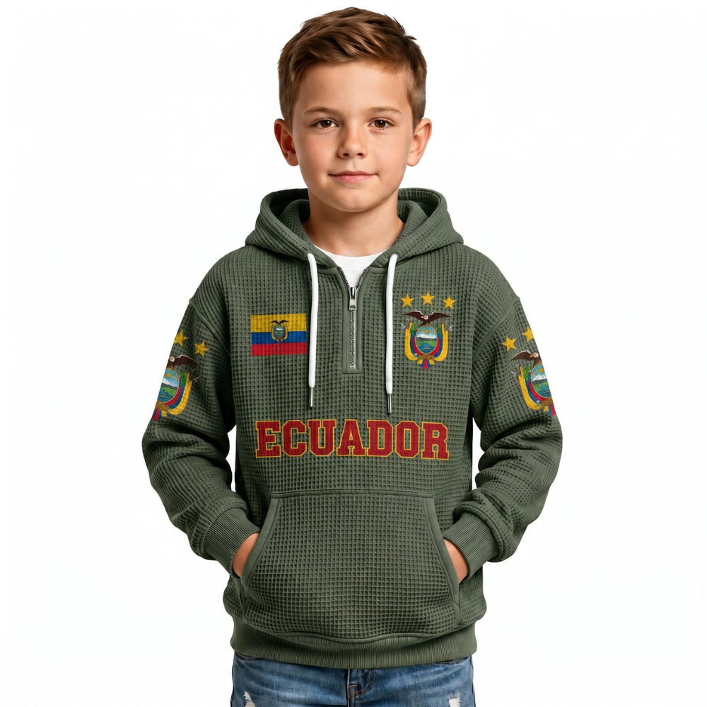 Ecuador Printed Waffle Quarter Zip Football Fan Hoodie For Kids