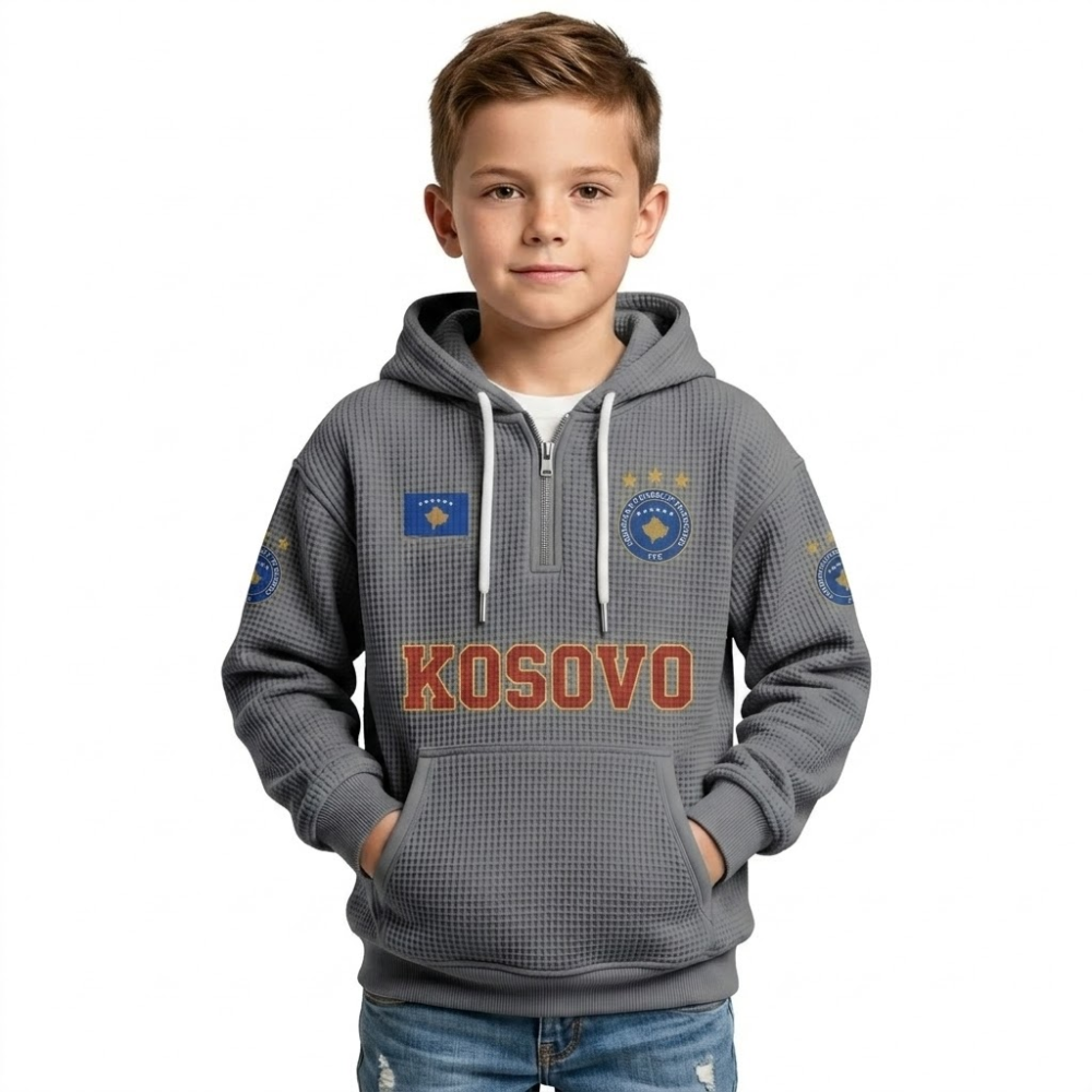 Kosovo Printed Waffle Quarter Zip Football Fan Hoodie For Kids