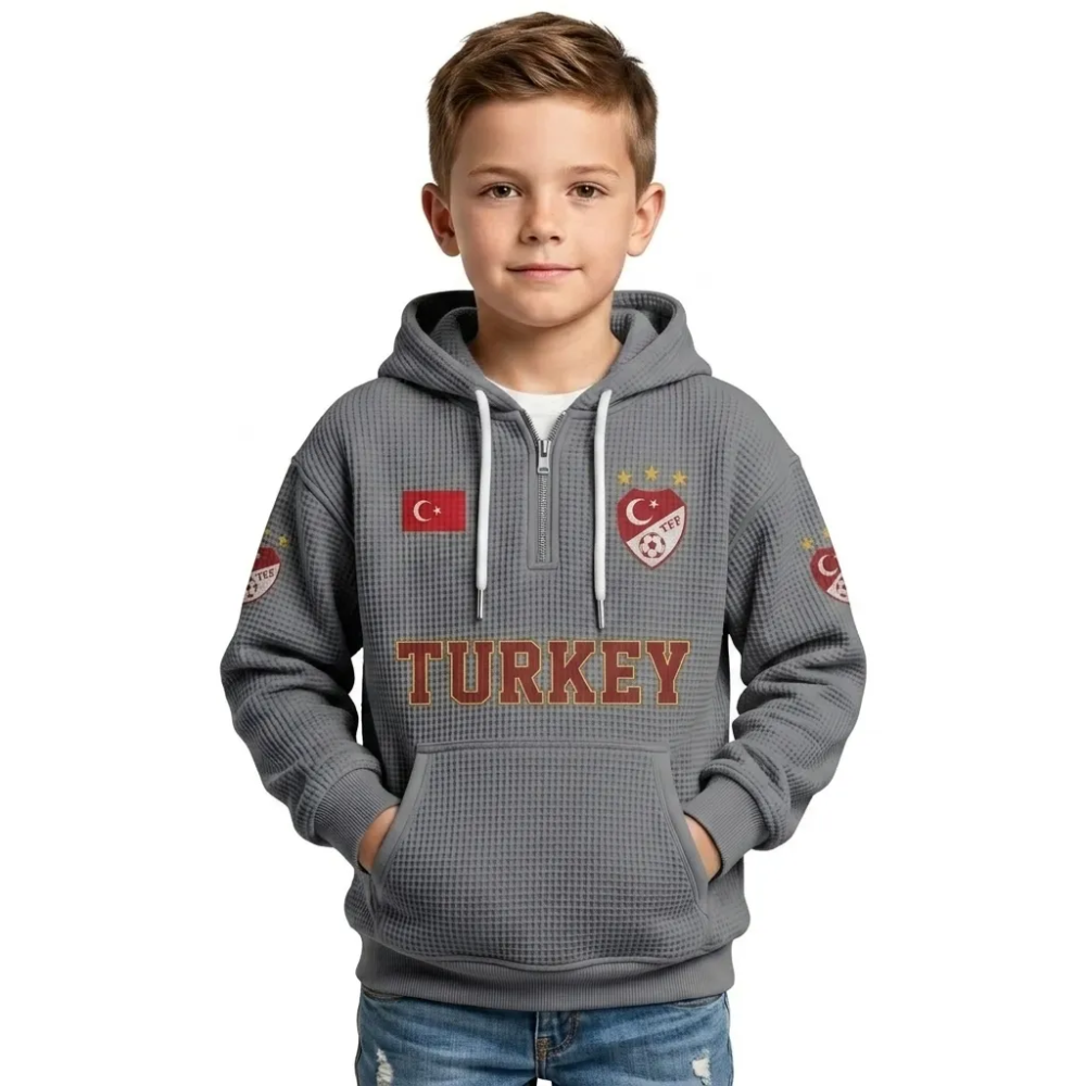 Turkey Printed Waffle Quarter Zip Football Fan Hoodie For Kids