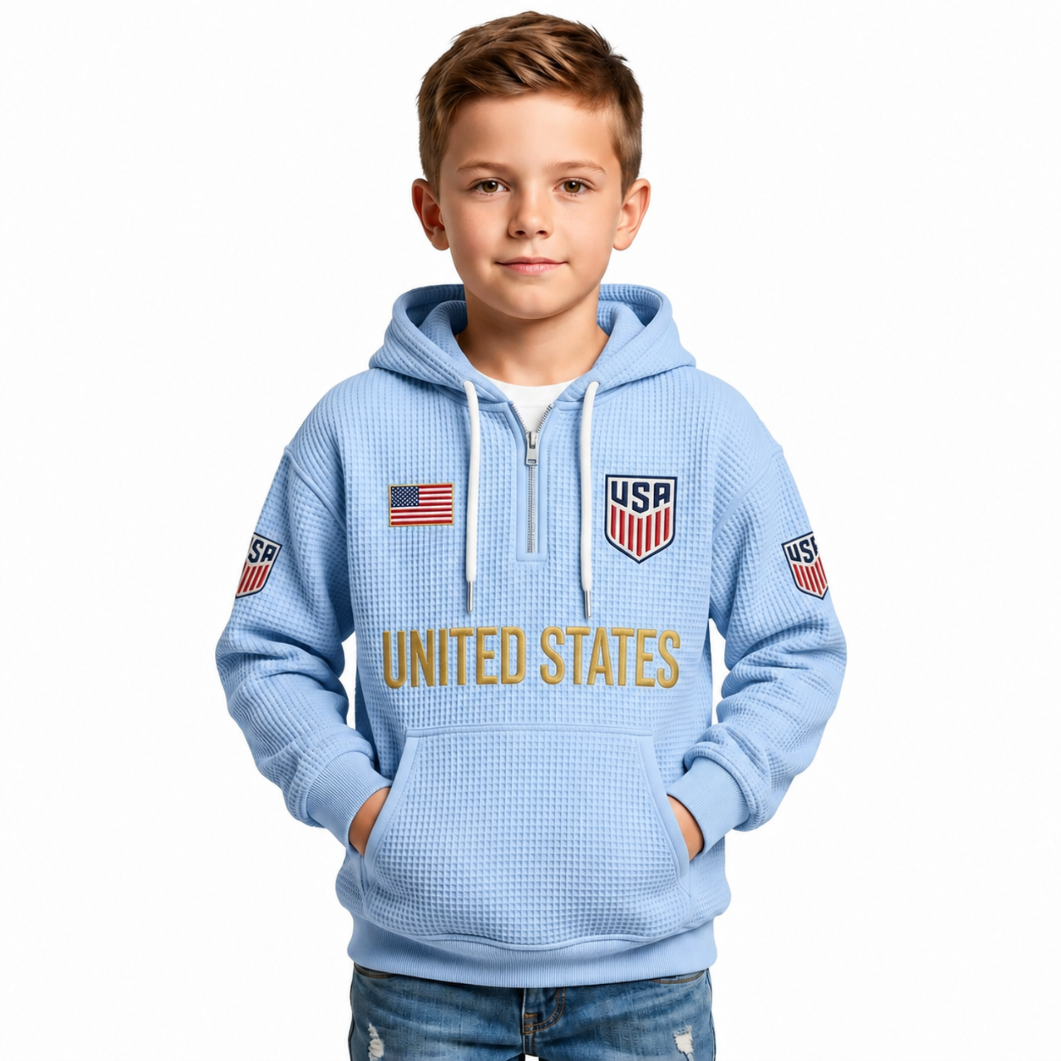 United States Printed Waffle Quarter Zip Football Fan Hoodie For Kids