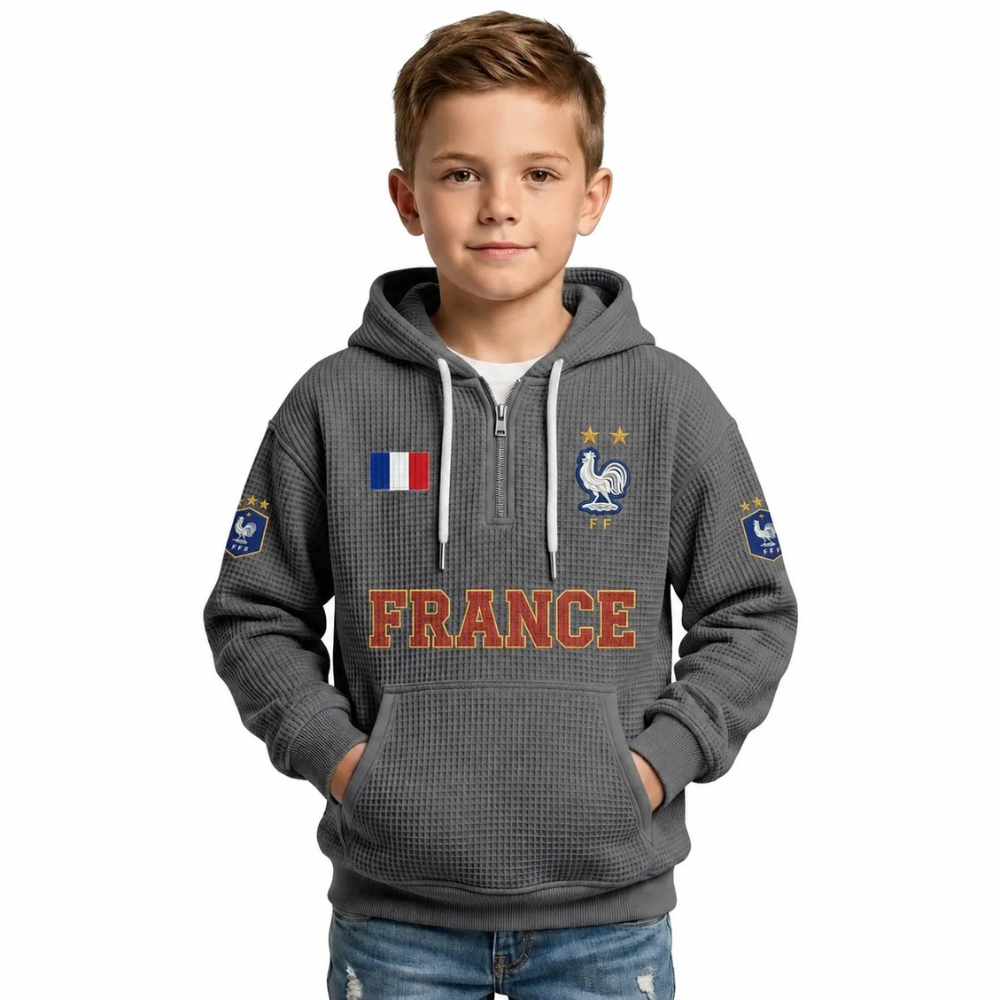 France Printed Waffle Quarter Zip Football Fan Hoodie For Kids