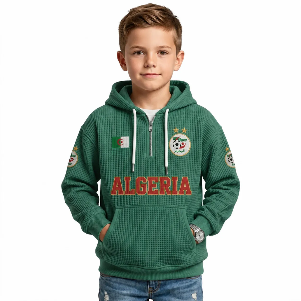 Algeria Printed Waffle Quarter Zip Football Fan Hoodie For Kids
