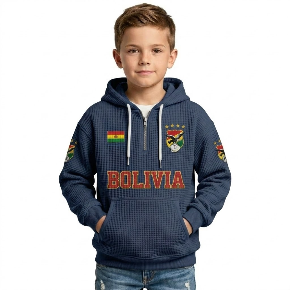 Bolivia Printed Waffle Quarter Zip Football Fan Hoodie For Kids