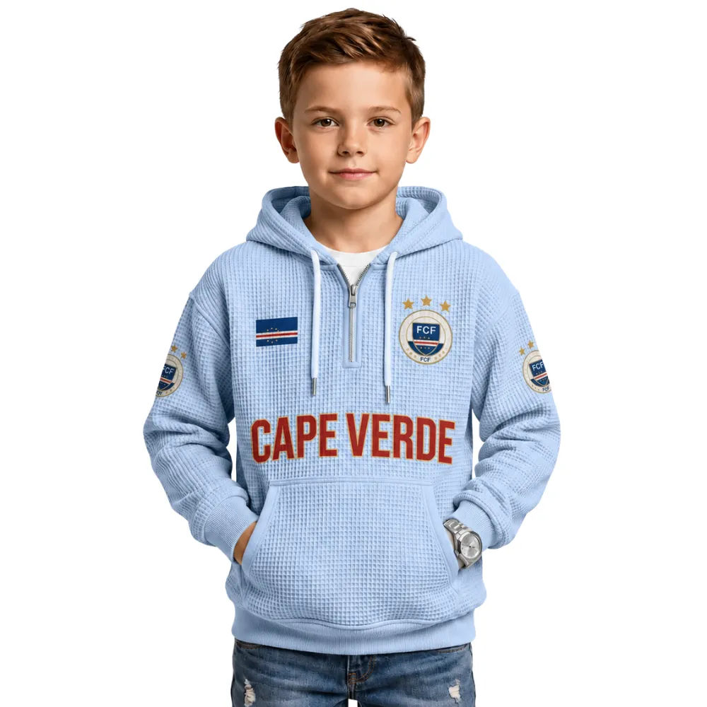 Cape Verde Printed Waffle Quarter Zip Football Fan Hoodie For Kids
