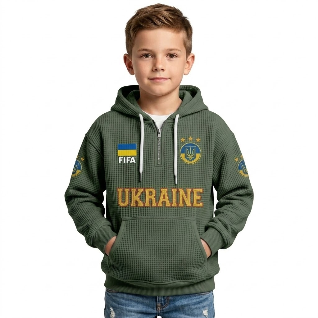 FIFA 2026 Ukraine Printed Waffle Quarter Zip Football Fan Hoodie For Kids